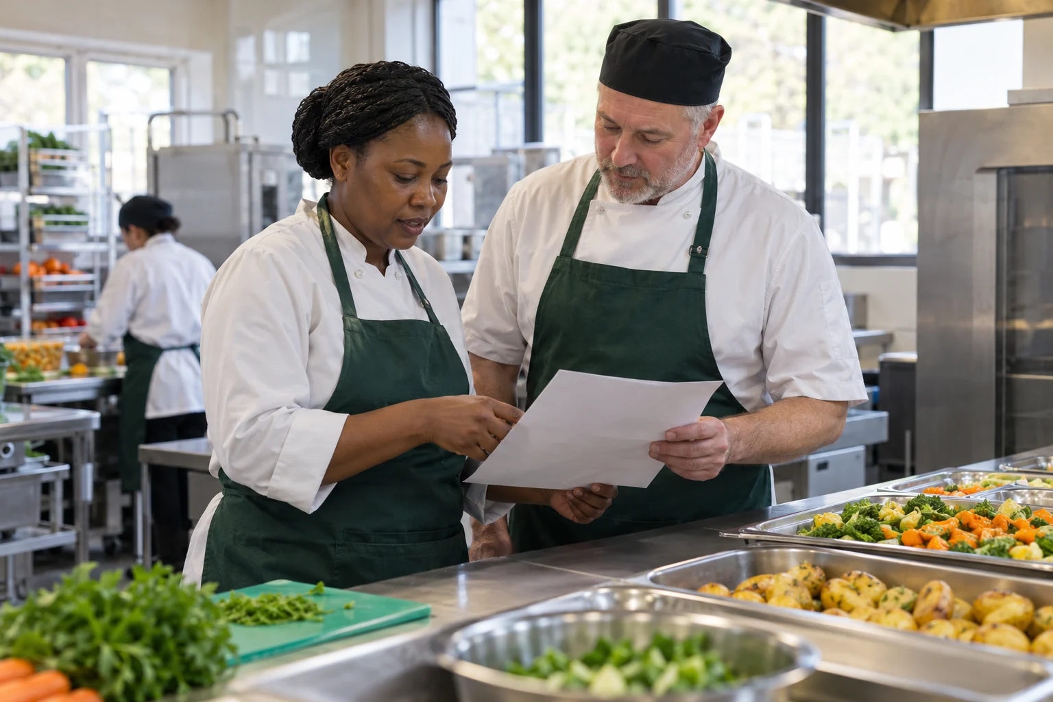 Illustrative catering manager and chef discussing the day’s work.